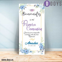 Cartel de Bienvenida Comunión Floral Azul