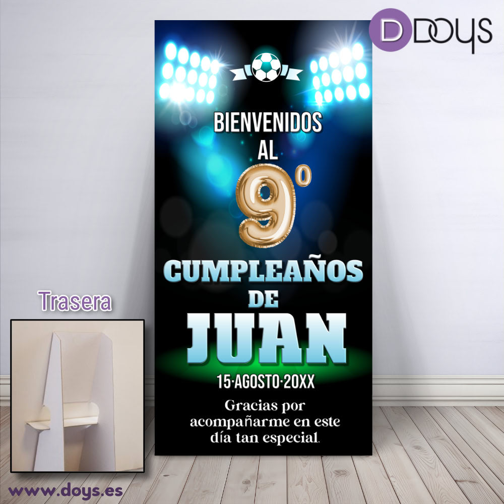 Cartel bienvenida cumpleaños fútbol con soporte