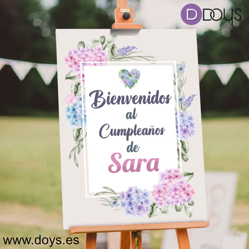 Cartel Bienvenida Cumpleaños - floral hortensia