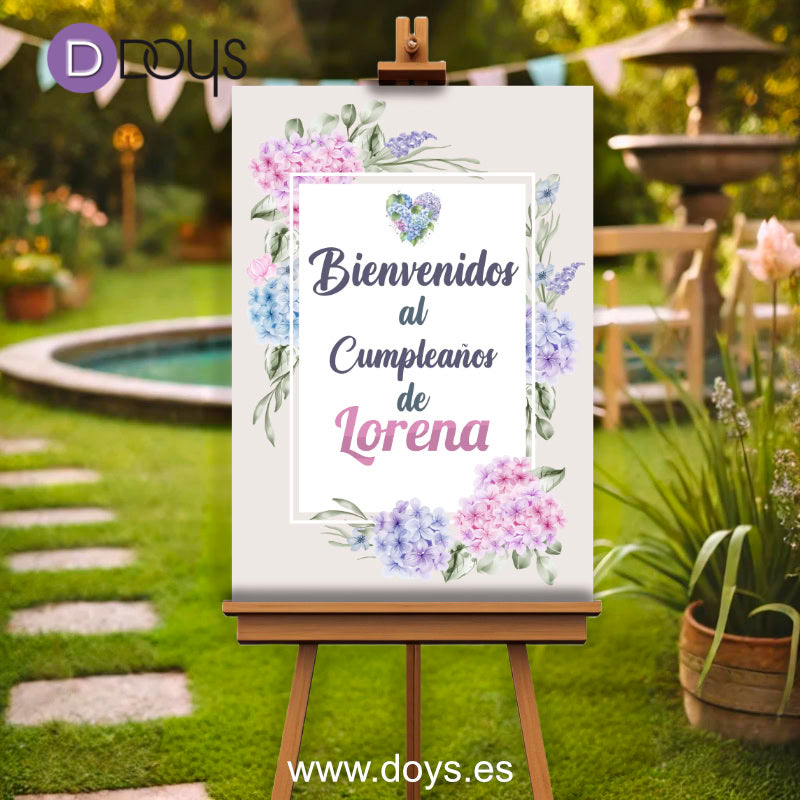 Cartel Bienvenida Cumpleaños - floral hortensia