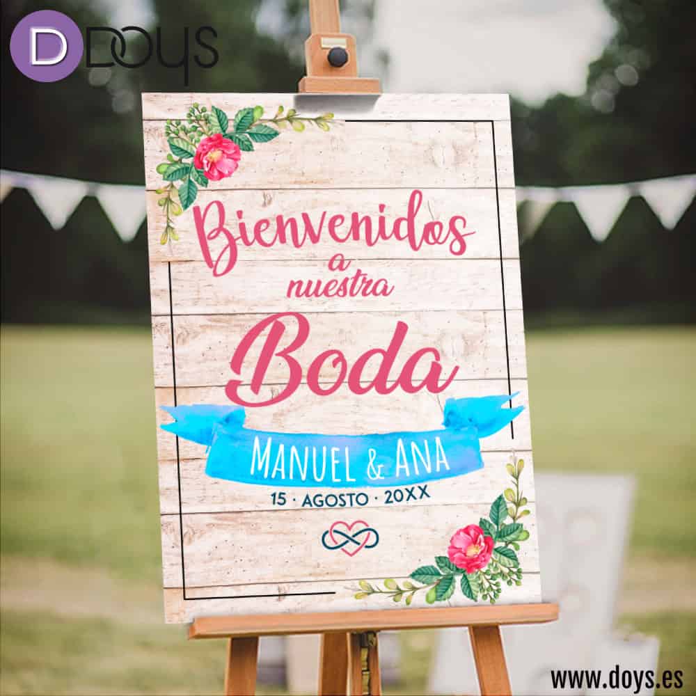 Cartel Bienvenida Boda - Madera floral